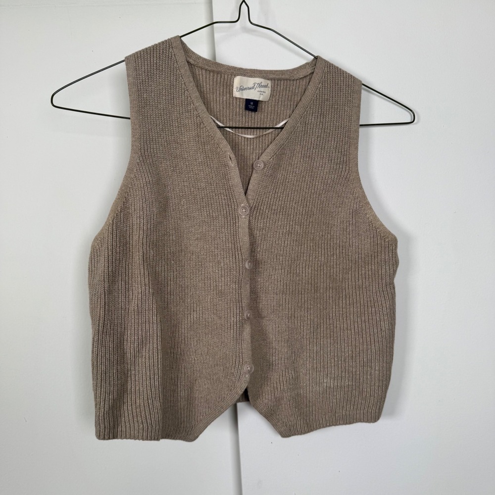 Universal Thread Women Tan Ribbed Knit Button Front Sweater Vest Size M